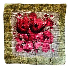 Silk Scarf 30" x 30" Abstract Red Floral & Green Design Rolled Hem